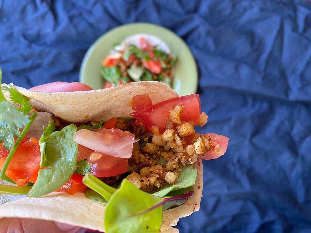 walnut taco meat with pico de gallo and lettuce leaves in corn tortilla - vegan taco recipe