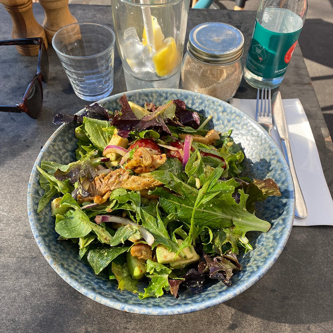moroccan chicken salad at two birds cafe collingwood