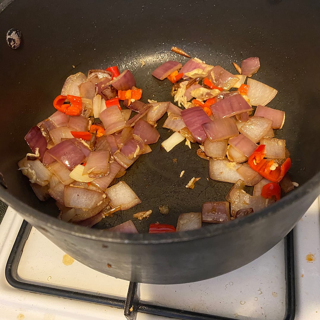 onion chill garlic in soup pot for roasted vegetable soup