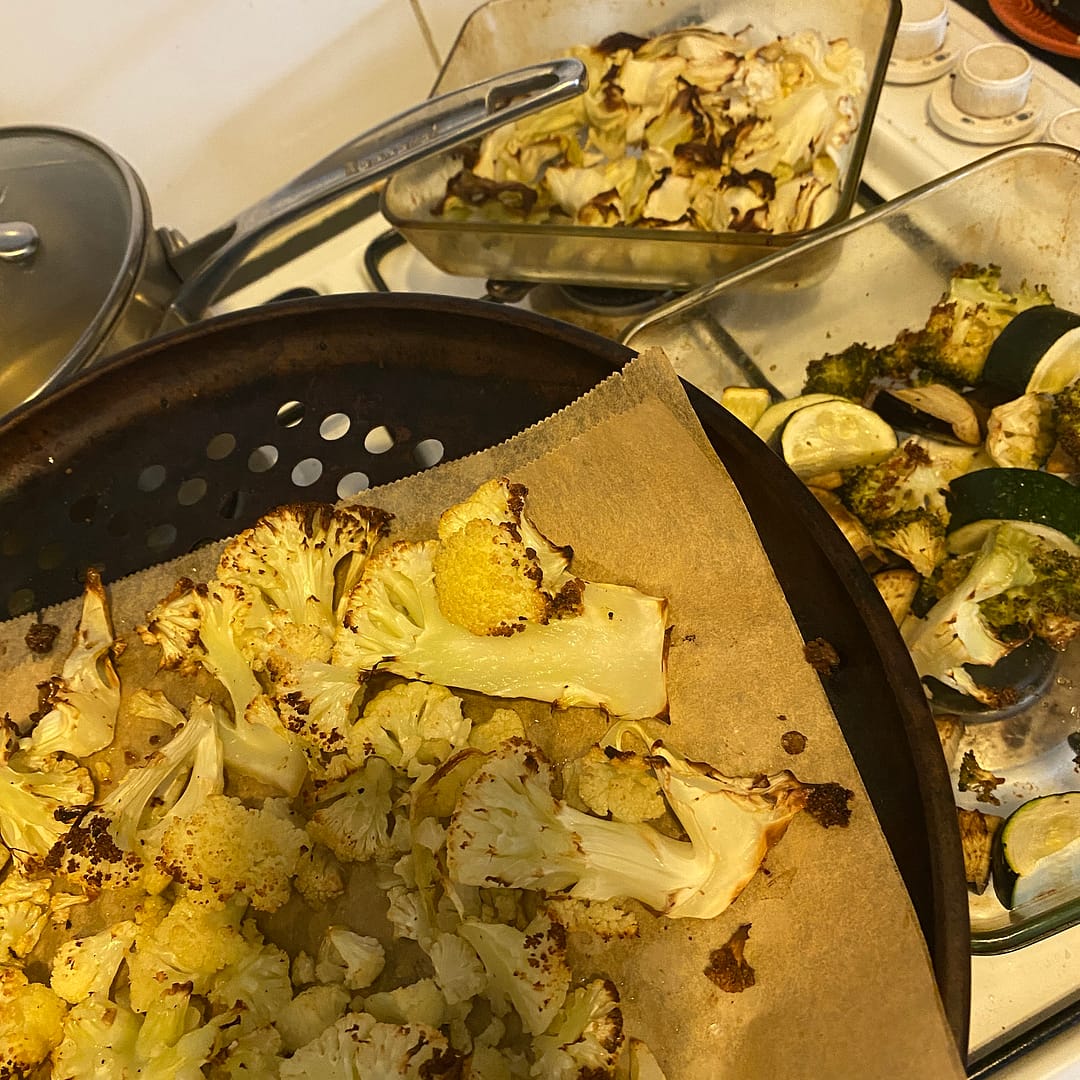 roasted veggies fresh out of the oven for creamy roasted vegetable soup