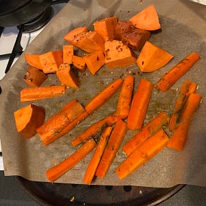 roasted sweet pumpkin and carrots for rice balls and salad - nutrition essentials for mental health
