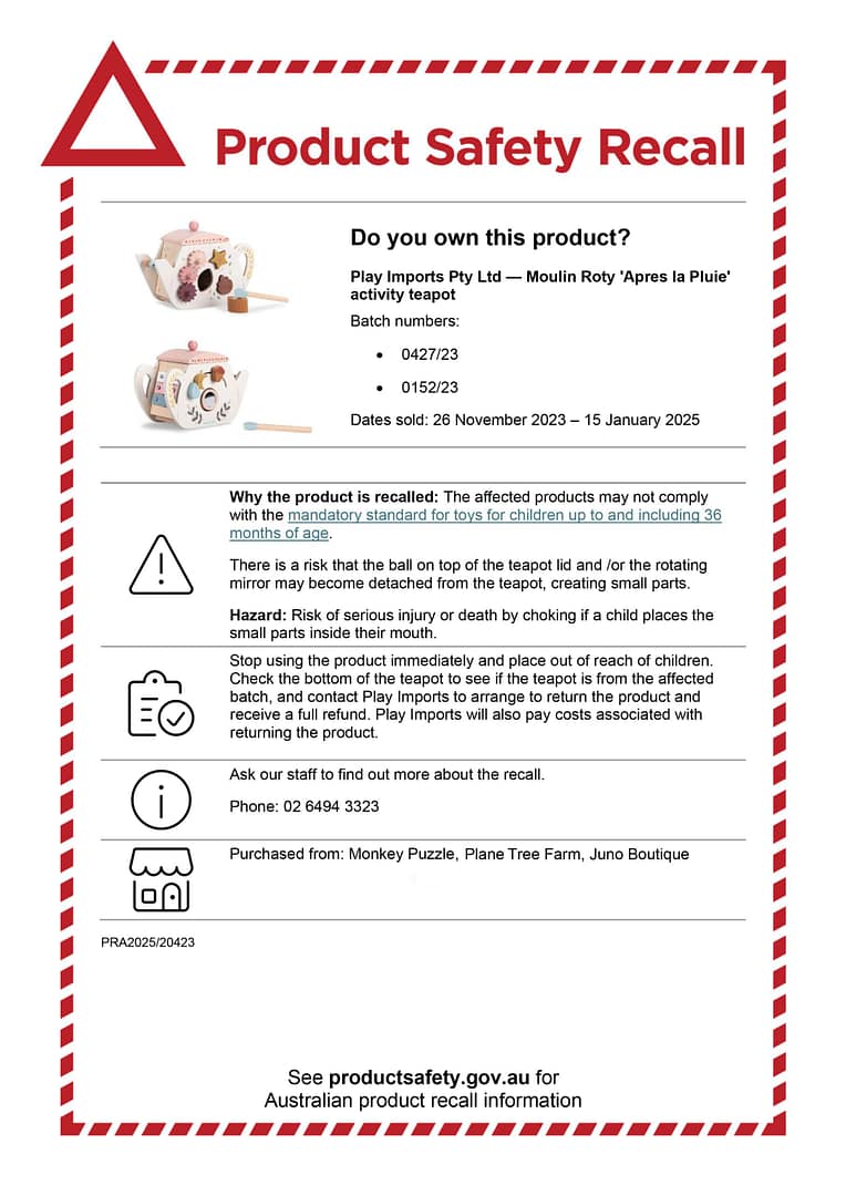 product safety recall apres la pluie activity teapot