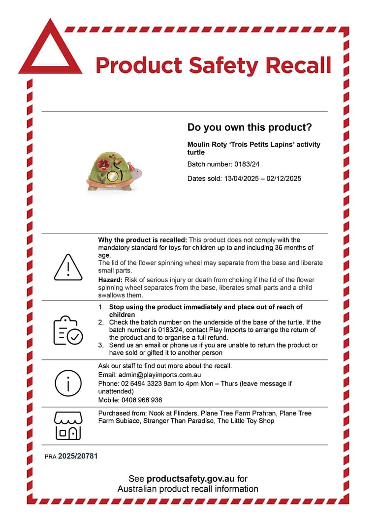 product safety recall - activity turtle
